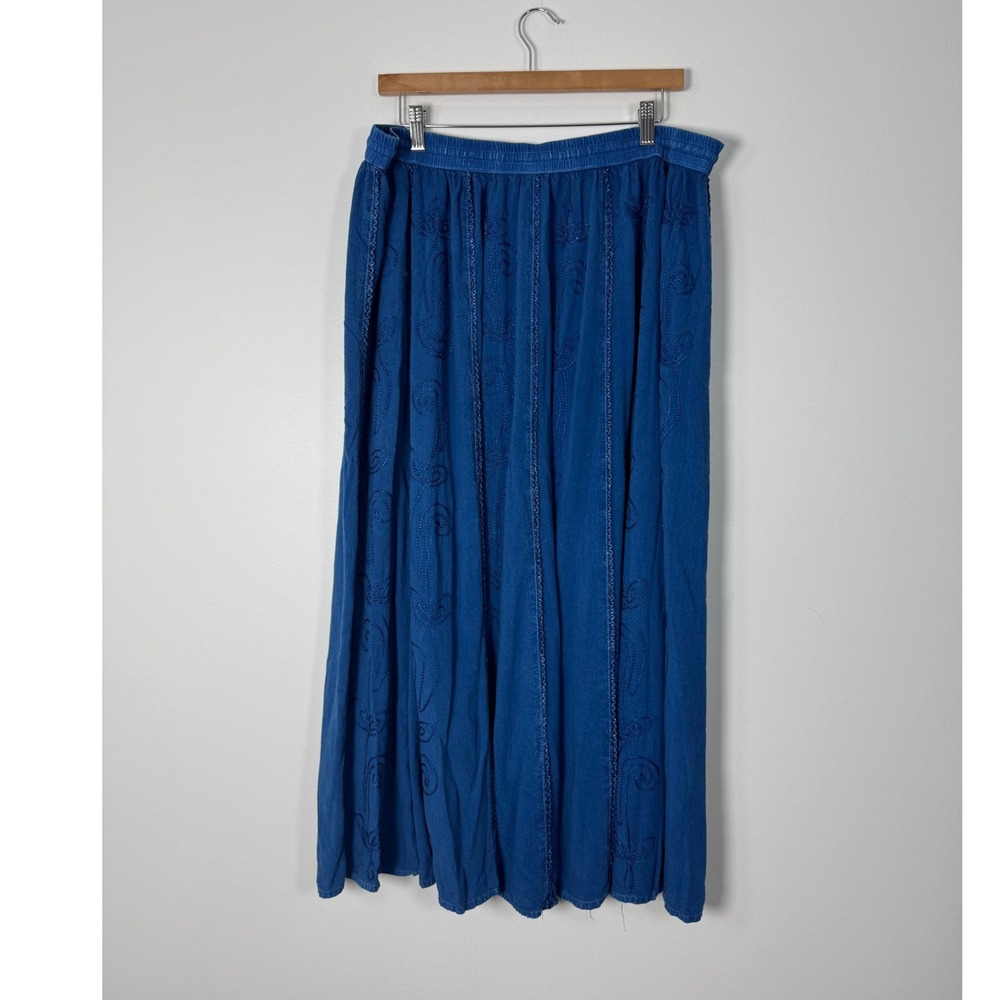 Boho Catalog Classics Womens 1X Midi Skirt Blue Embroidered Rayon Lace Tassel - Picture 2 of 7
